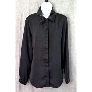 Liz Claiborne Long Sleeve Sequin Collar and Cuffs Blouse Size XL Black